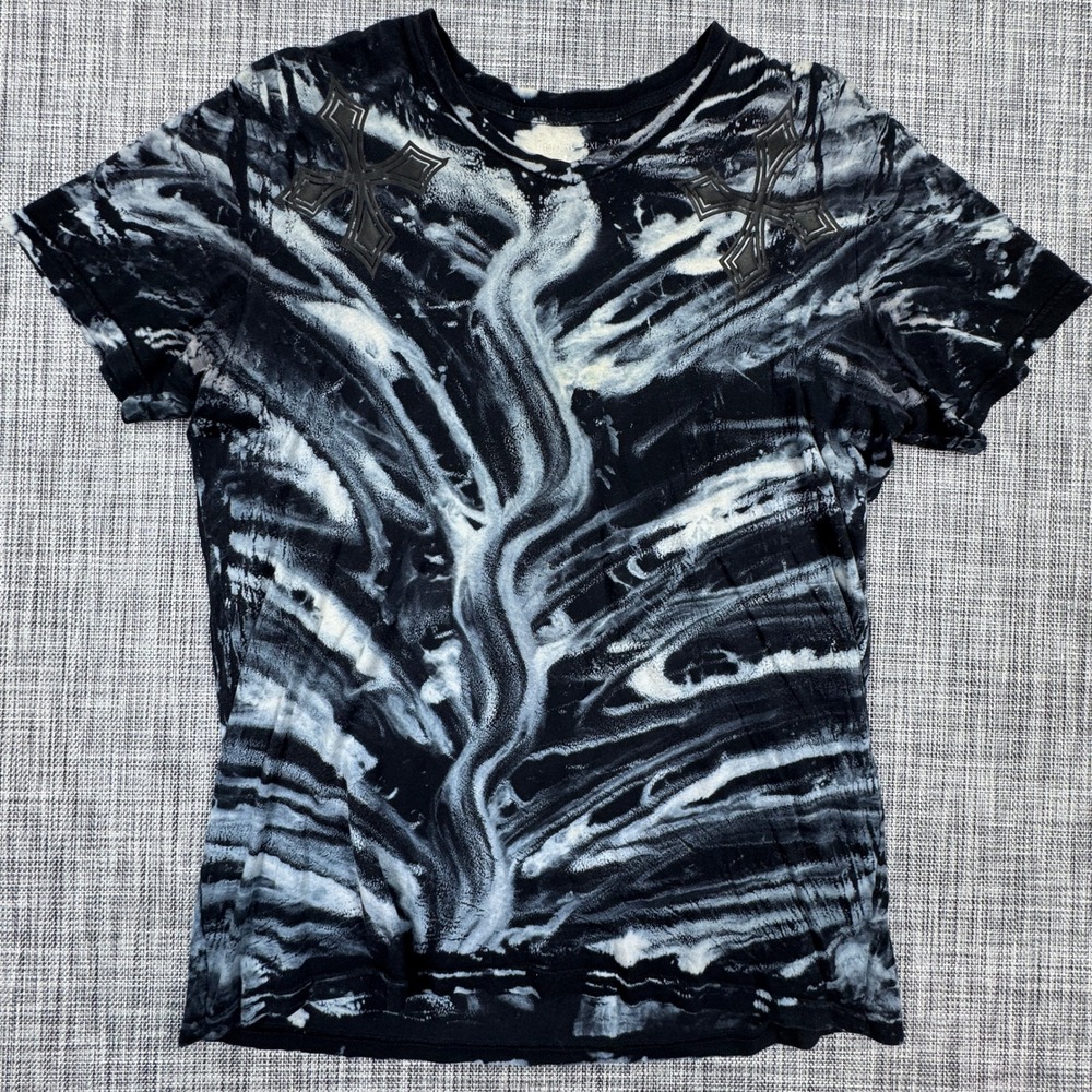 Affliction Shirt Mens Large Black White Skull Wings Cross Tie Dye Cotton USA